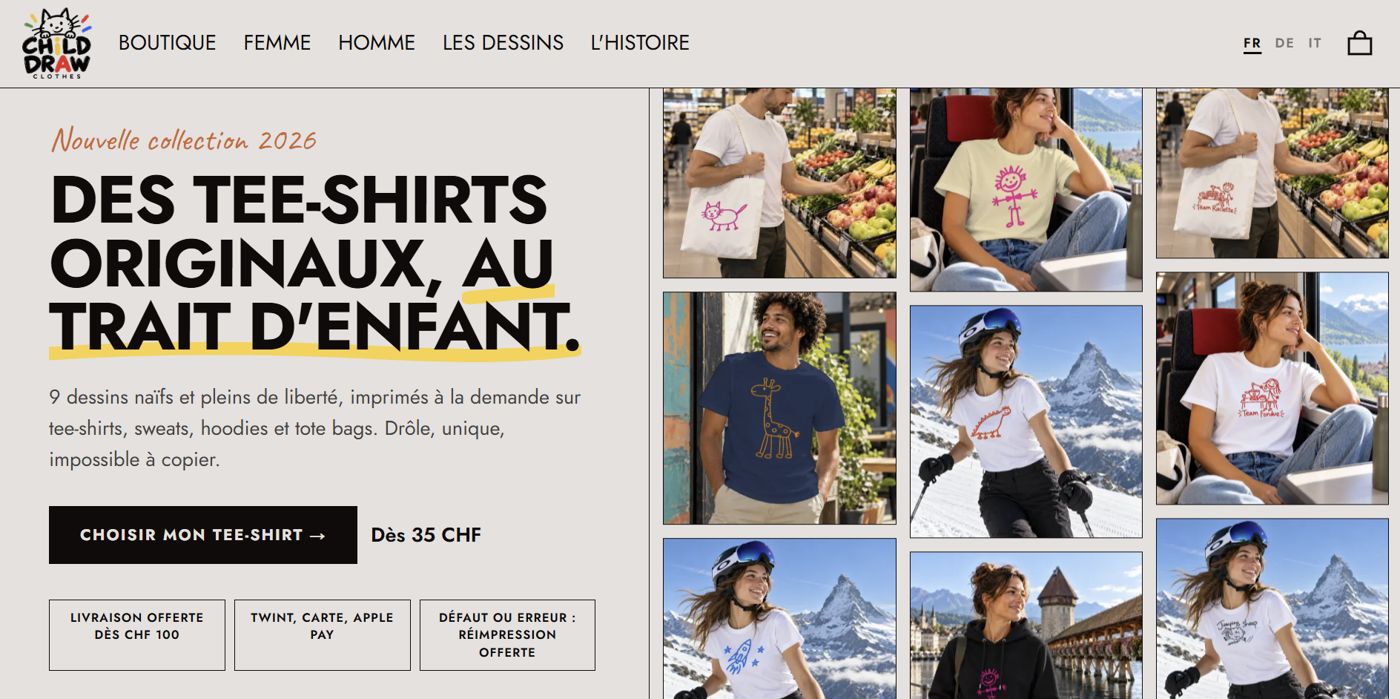Page d’accueil de Child Draw Clothes : des tee-shirts originaux au trait d’enfant