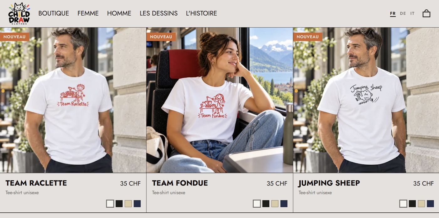 Boutique Child Draw Clothes : tee-shirts Team Raclette, Team Fondue et Jumping Sheep