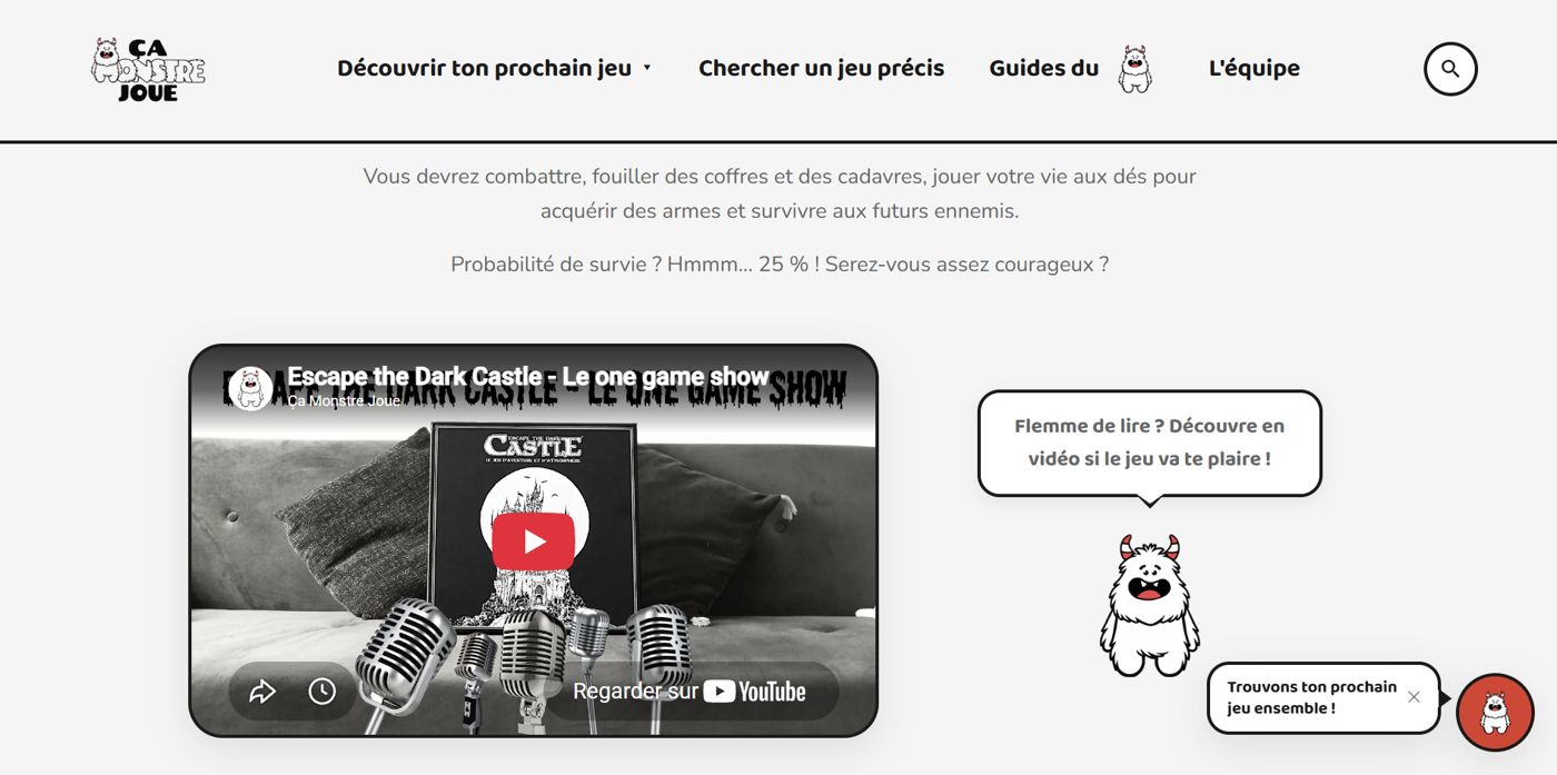 Vidéo YouTube intégrée à une fiche jeu, avec la mascotte P’tit Monstre