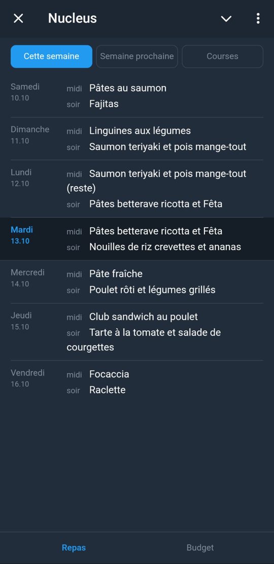 Mini-app Nucleus : menus de la semaine, midi et soir